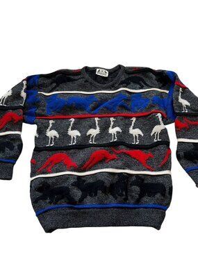 Vintage 90s sweater 3D knit striped animals kids size 18 XL gray blue red